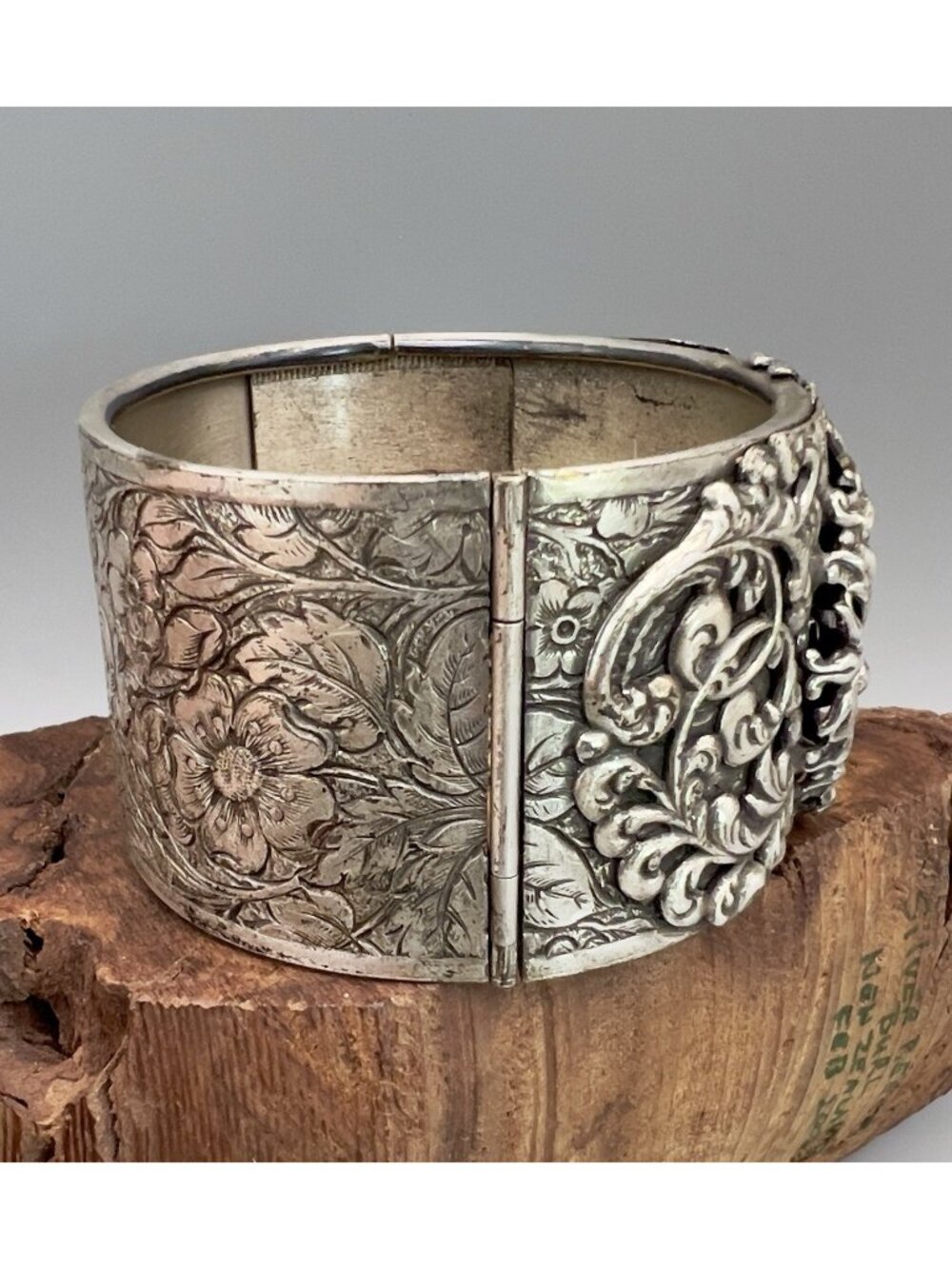 Vintage Whiting & Davis Silver Toned Hinged Victorian Revival Cuff Bracelet